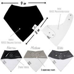 Diaper Squad adjustable three-snap bibs grow with babies from 2 to 36 months.