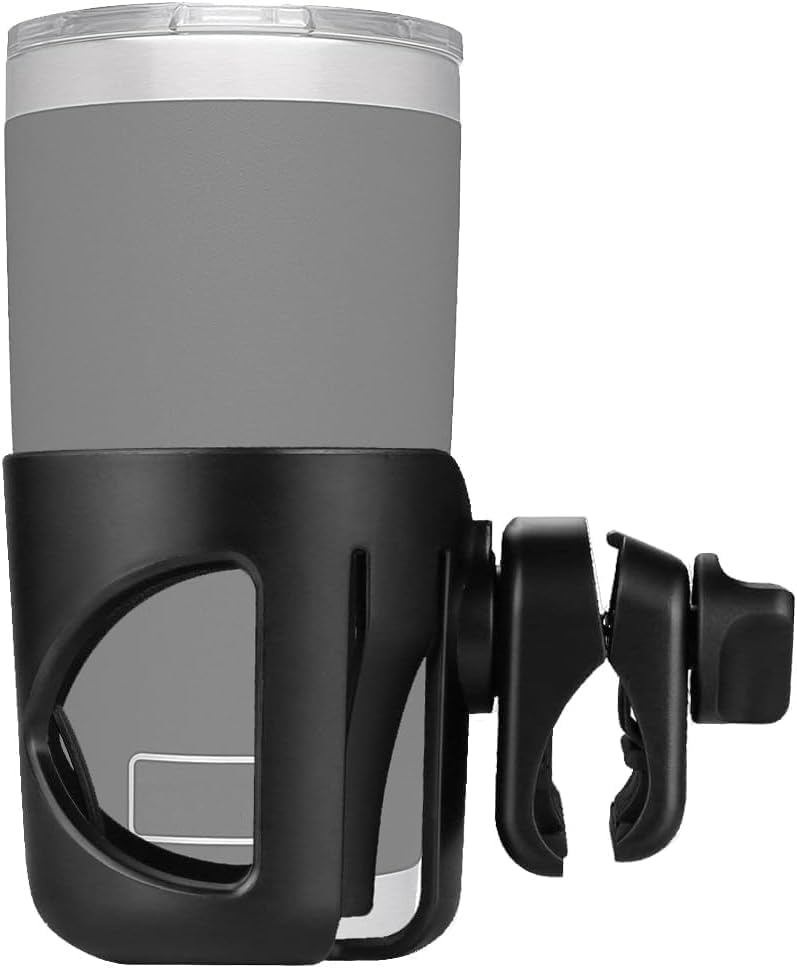 Digital Nc cup holder attached to stroller holds Yeti Rambler securely for on-the-go hydration