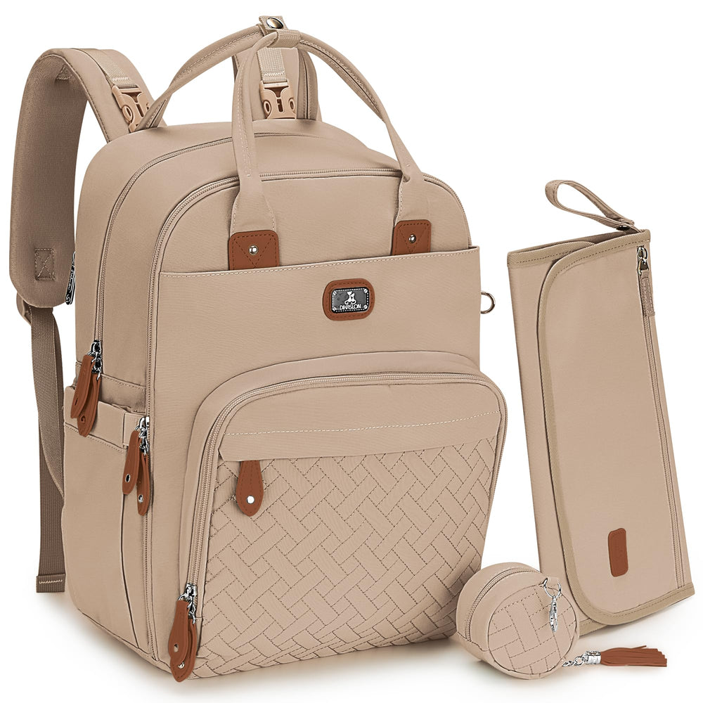 Dikaslon diaper bag backpack Milk Tea Khaki, front view shows organized pockets for quick access.