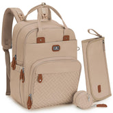 Dikaslon diaper bag backpack Milk Tea Khaki, front view shows organized pockets for quick access.