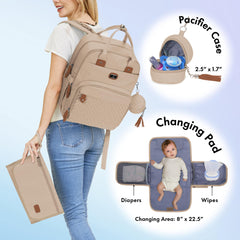 Dikaslon diaper bag backpack Milk Tea Khaki, stroller-strap attachment enables hands-free outings.