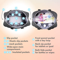 Dikaslon diaper bag tote front pocket offers fast access to essentials.