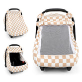 DILIMI car seat cover in brown checkered fabric offers privacy and sun protection for baby
