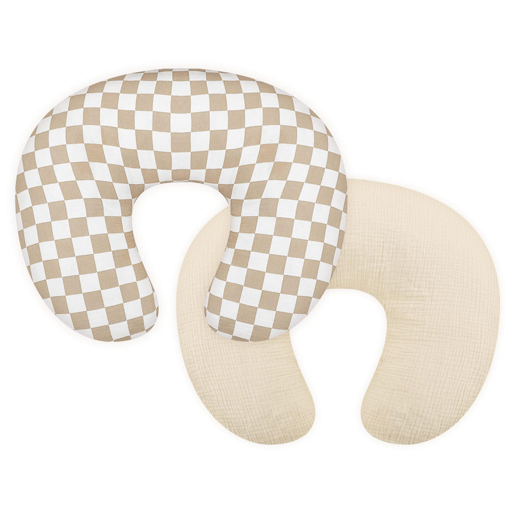 DILIMI muslin nursing pillow cover in beige checkered pattern adds soft baby-friendly style to any nursery