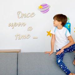 Dimeho Once Upon a Time sign decor in a bedroom scene adds warmth