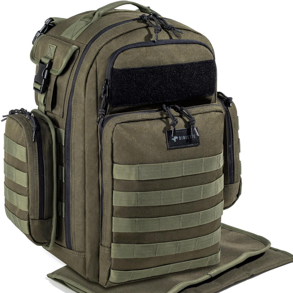 Dinictis dad diaper bag front view reveals roomy compartments for quick organization.