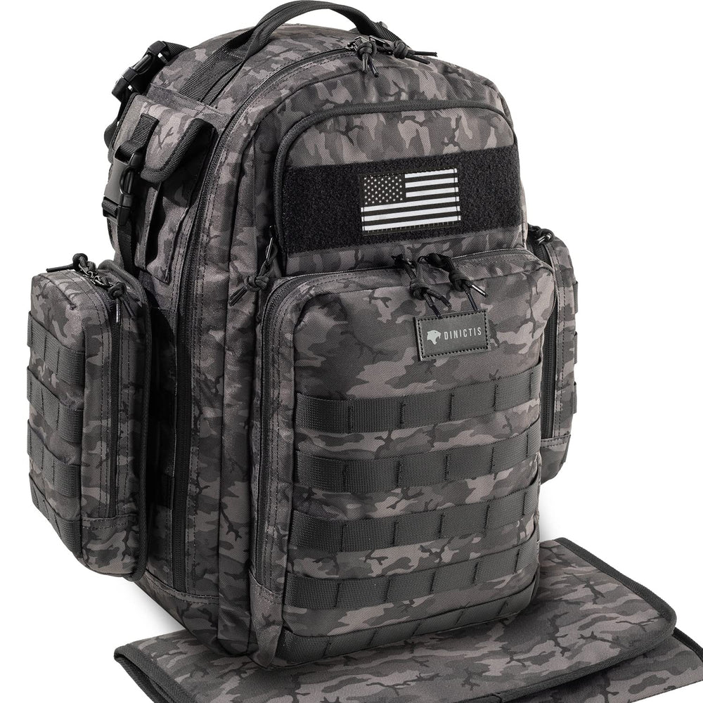 Dinictis Dad Diaper Bag front view shows organized pockets for quick access