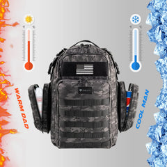Dinictis Dad Diaper Bag side MOLLE webbing demonstrates attachable pouches for versatile travel prep