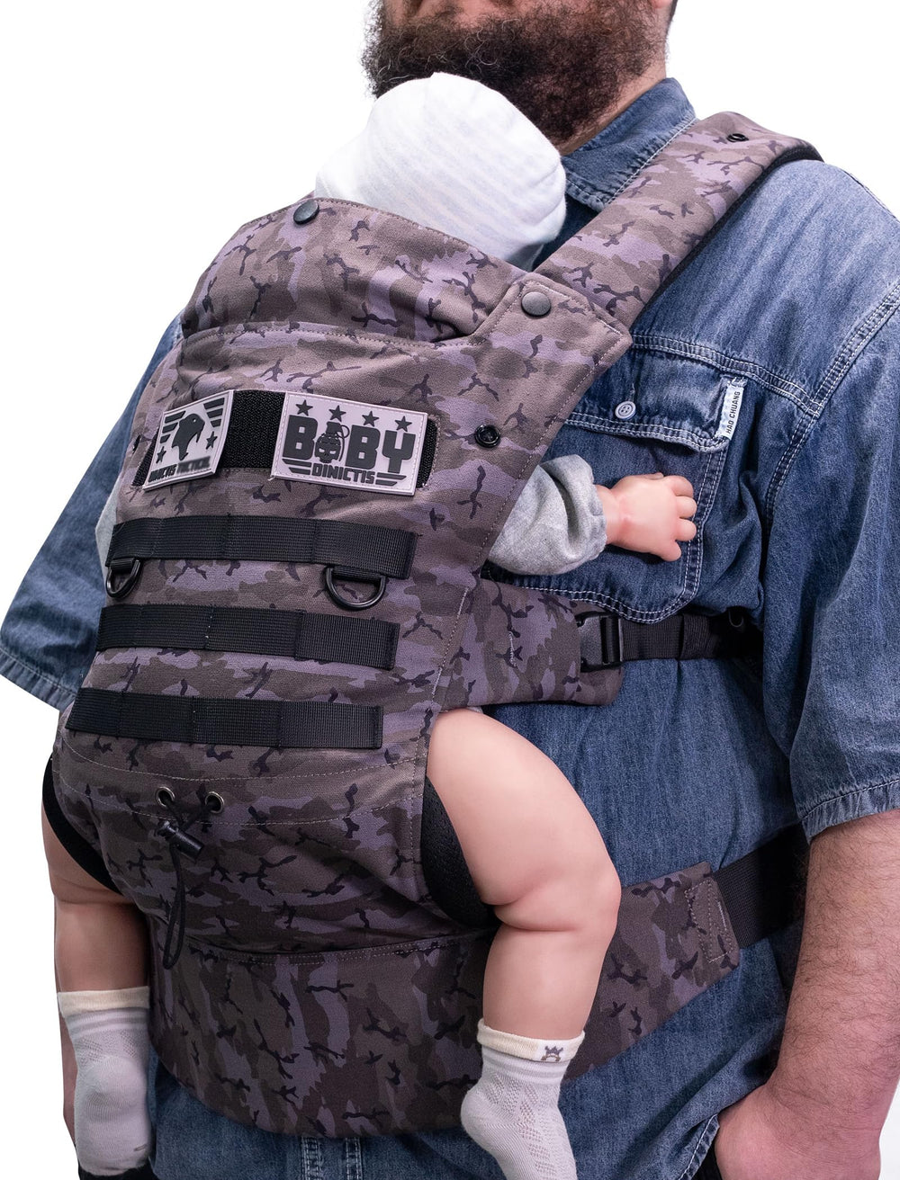 Dinictis Tactical baby carrier front view highlights ergonomic design for comfortable on-the-go wear