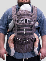 Dinictis Tactical baby carrier worn by parent shows hands-free mobility with breathable mesh