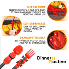 Dinneractive race-car utensils with soft handles designed for durability.