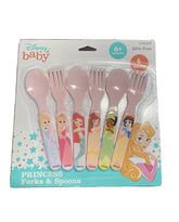 Disney Baby Princess forks and spoons set in pink for ages 6+ months.