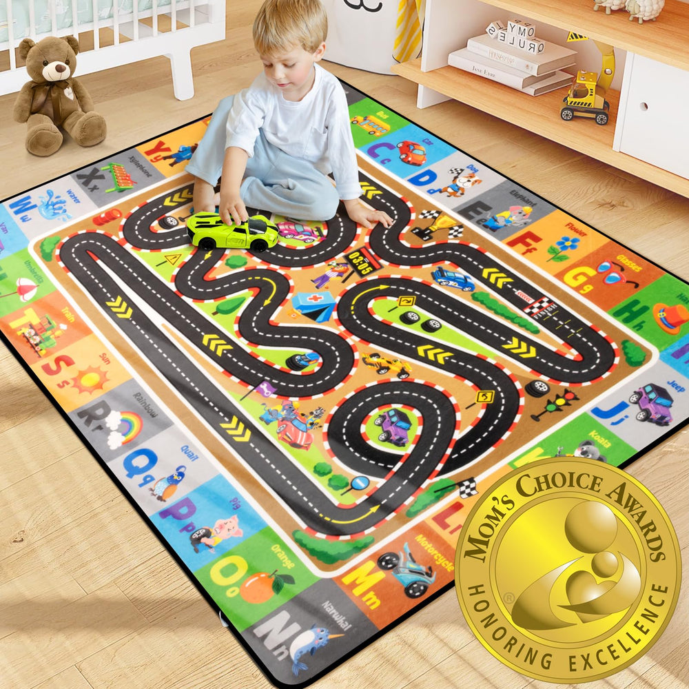 Diysani race track car rug shows vibrant track layout for active play