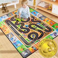 Diysani race track car rug shows vibrant track layout for active play