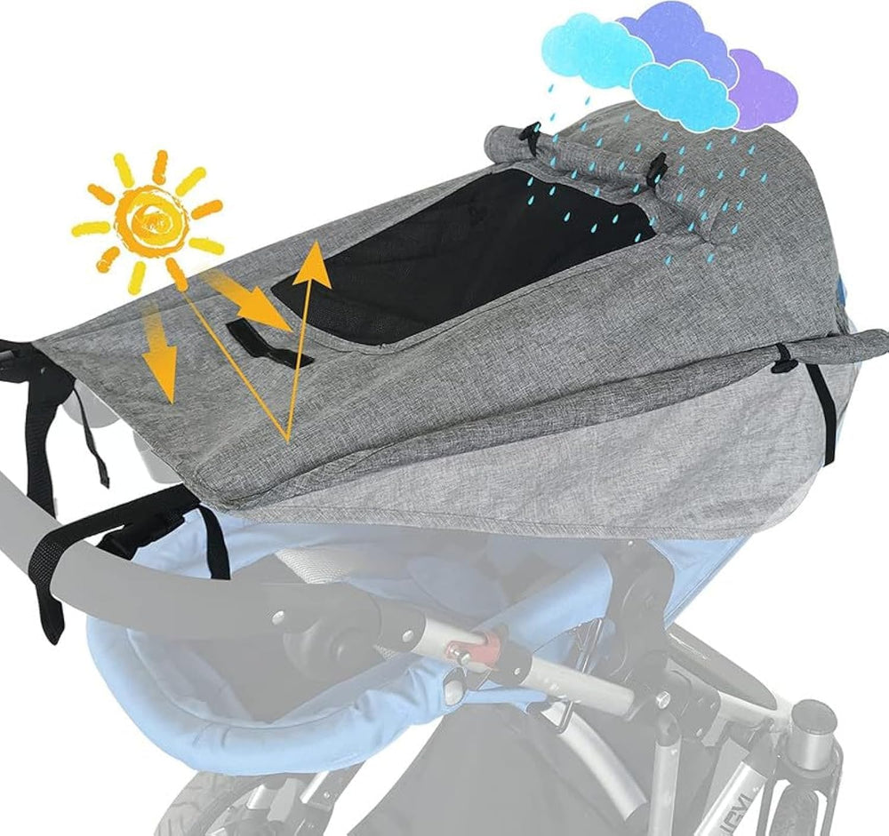 DLJFKLKLYFA Stroller Sun Shade in use showing UPF 50+ protection for sunny strolls.