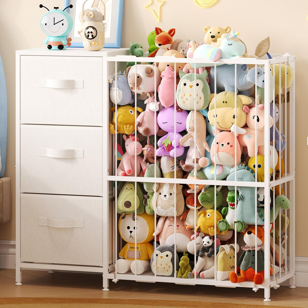 Dmticoasis metal stuffed animal storage top shelf keeps books and plush neatly displayed.