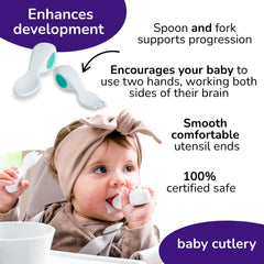 Doddl cutlery set Aqua closeup: BPA-free materials and safe design.
