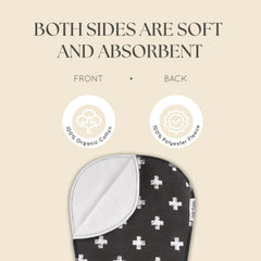 Dodo Babies 5-pack burp cloths black pattern close-up, plush fleece back adds warmth and durability.