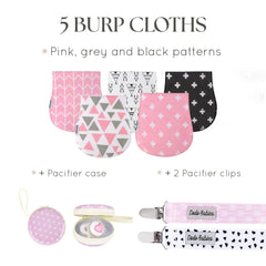 Dodo Babies 5-pack burp cloths grey pattern close-up, contoured design aids shoulder comfort and drool capture.