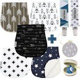 Dodo Babies 5-pack burp cloths with soft-touch fabric for gentle newborn care.