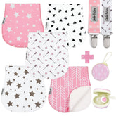 Dodo Babies 5-pack burp cloths folded in pastel tones protect outfits during feeds.