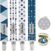 Dodo Babies pacifier clip with blue geo print keeps pacifiers secure on outfits