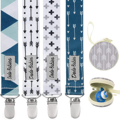 Dodo Babies pacifier clip with blue geo print keeps pacifiers secure on outfits