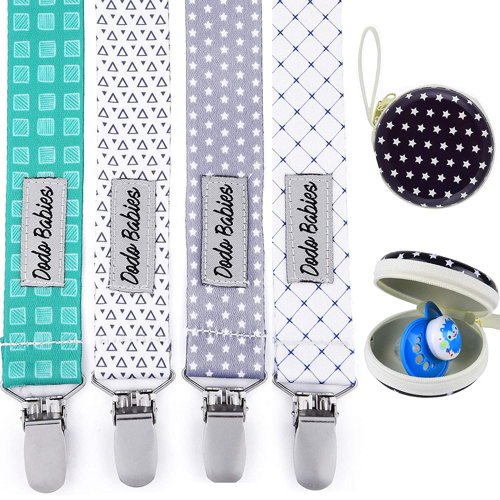Dodo Babies pacifier clip set in teal blue grey flatlay shows color and style for outfits