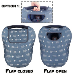 DODO NICI car seat cover window flap showing eye contact feature while shielding sun.