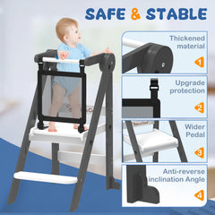 Doerpuz foldable toddler tower adjustable height showcases three levels for comfortable reaching.