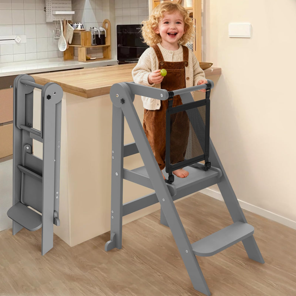 Doerpuz foldable toddler tower folded for space-saving storage