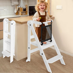 Doerpuz foldable toddler tower folded for space-saving storage and quick setup.