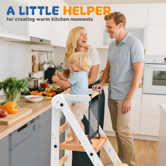 Doerpuz foldable toddler tower front view demonstrates easy access for little cooks.