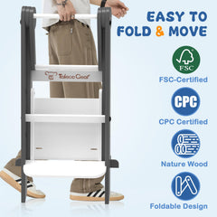 Doerpuz foldable toddler tower safety net demonstrates fall protection during tasks.