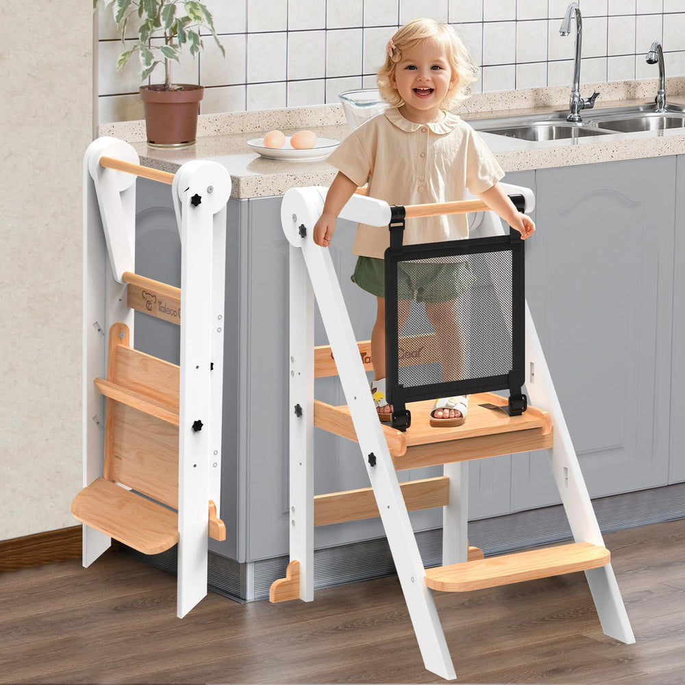 Doerpuz Foldable Toddler Tower side view highlighting a stable A-frame for safety.