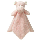 Doindute baby pink rhino lovie blanket close-up with embroidered features for safe cuddles.