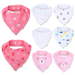 DOKMA bandana bib pink-white set closeup highlights soft organic cotton for sensitive skin.