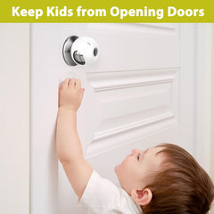 DoktorBaby child-proof door knob cover on a round knob helps prevent unintended door opening.