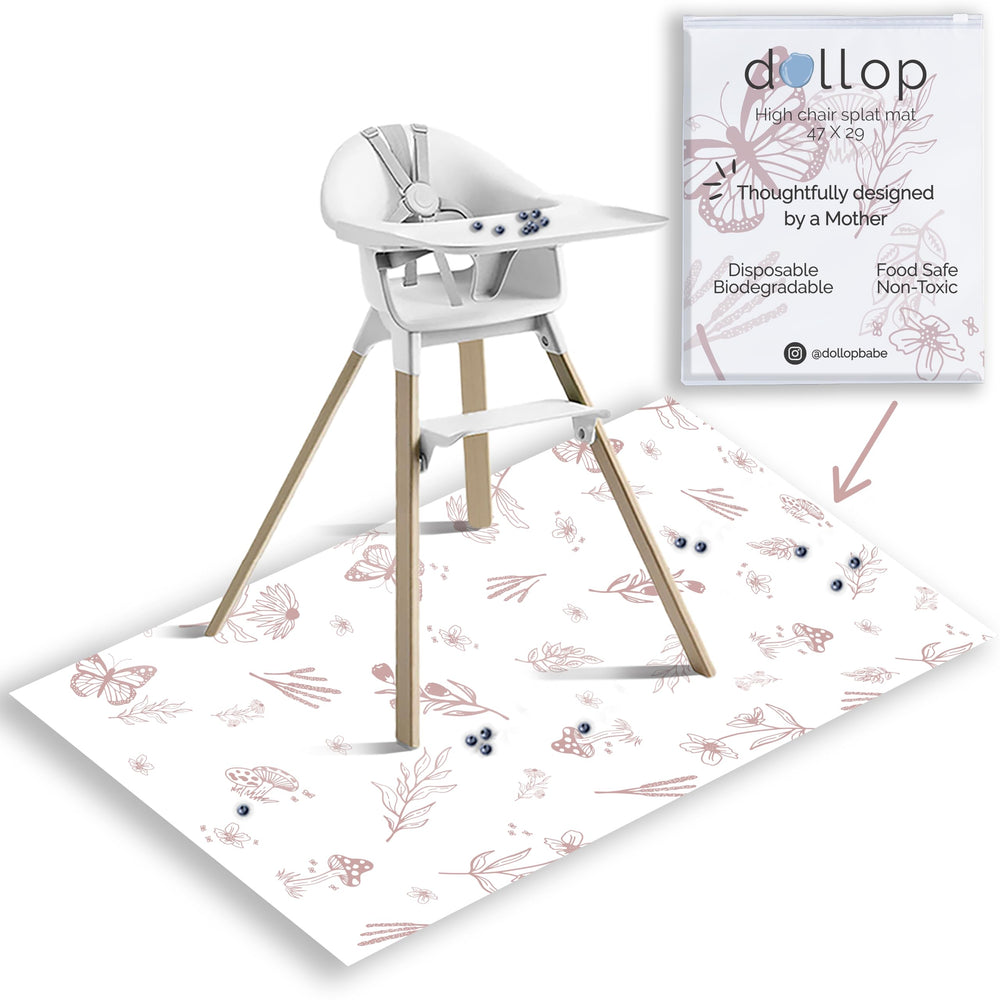 Dollop Food Catcher Mat under highchair provides full coverage to keep floors clean