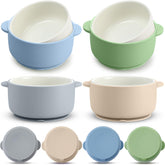 Domensi 4 sets kids porcelain bowls with suction sleeves—secure anti-slip meals.
