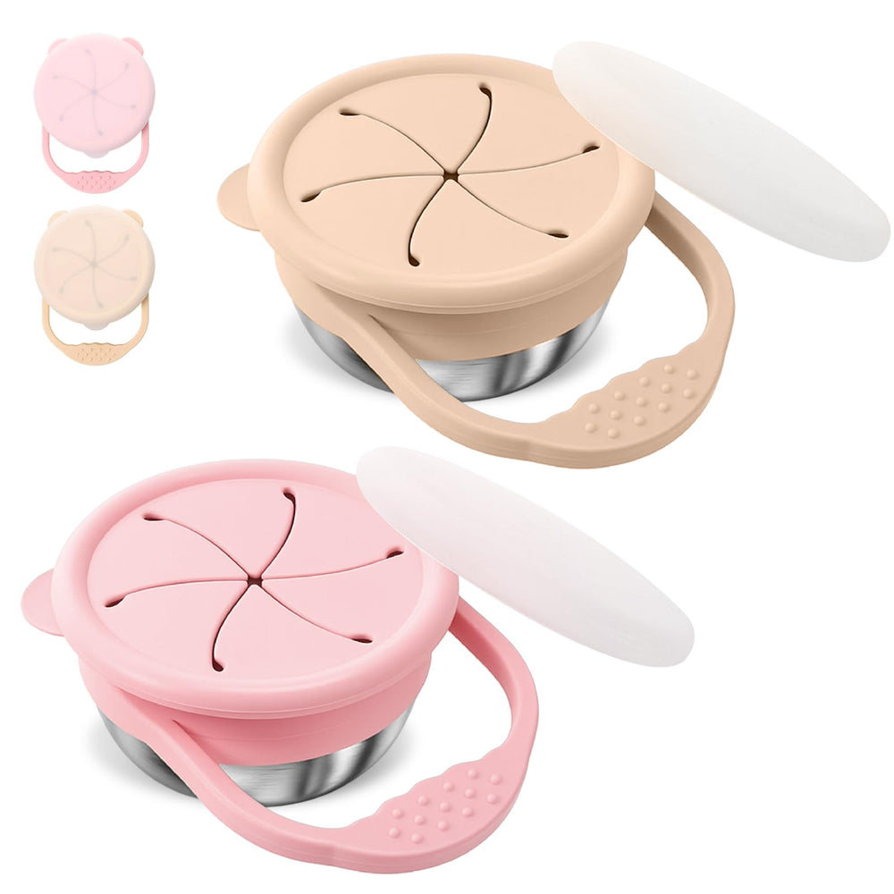 Domensi 2-pack snack containers pink-yellow base designed for spill-free on-the-go snacking.