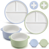 Domensi suction plates in blue and green keep meals in place for mess-free dining.