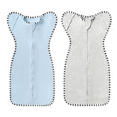 DONOMILO blue-grey transition swaddle with arms-up design promotes calm newborn sleep.