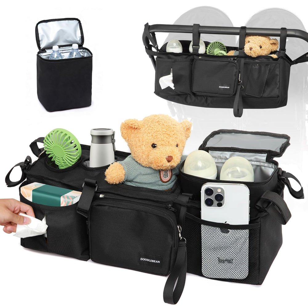 DOODLEBEAN double stroller organizer assembly keeps essentials organized for Bob Duallie outings.
