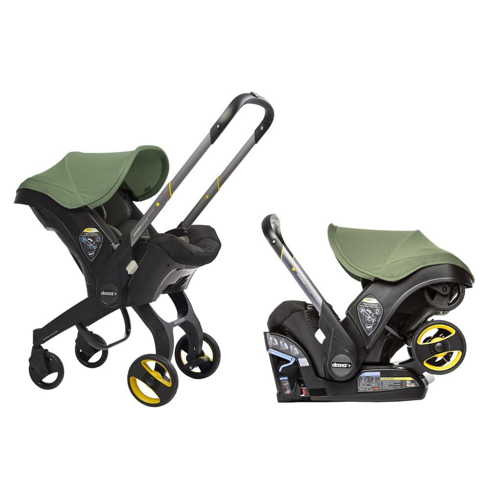 DOONA Desert Green folded travel system ready for compact storage.