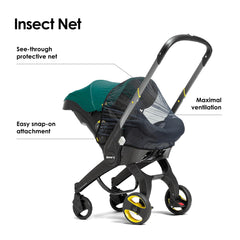 Doona insect net snap-on connectors for easy setup on compatible car seats and strollers.