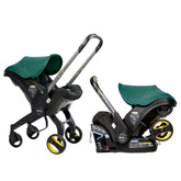 DOONA racing-green car-seat-stroller-transition enables quick, disruption-free travel with a sleeping infant.