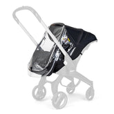 Doona Rain Cover on stroller protects baby from rain and wind.