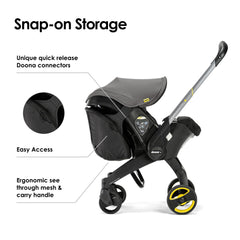 DOONA Snap-On Storage attached to DOONA with quick-release connectors for fast setup.