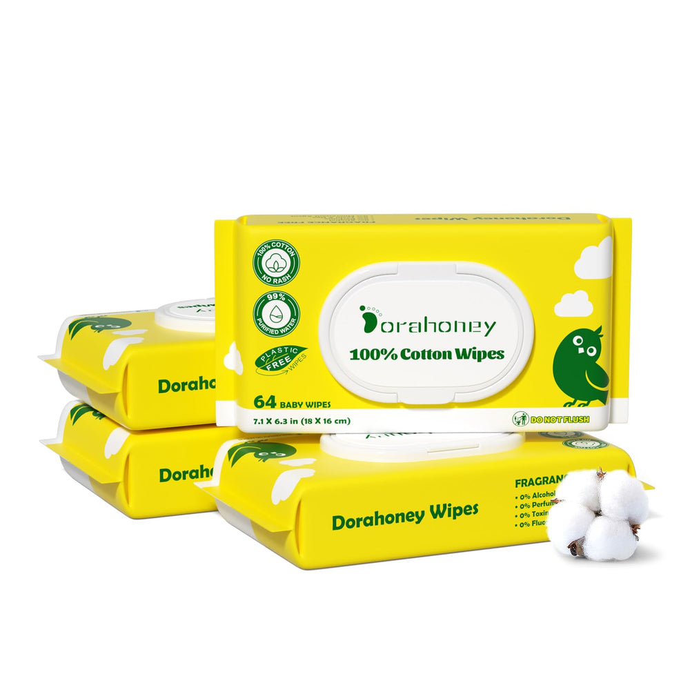 DORAHONEY four flip-top packs show convenient 256-count packaging for busy parents.